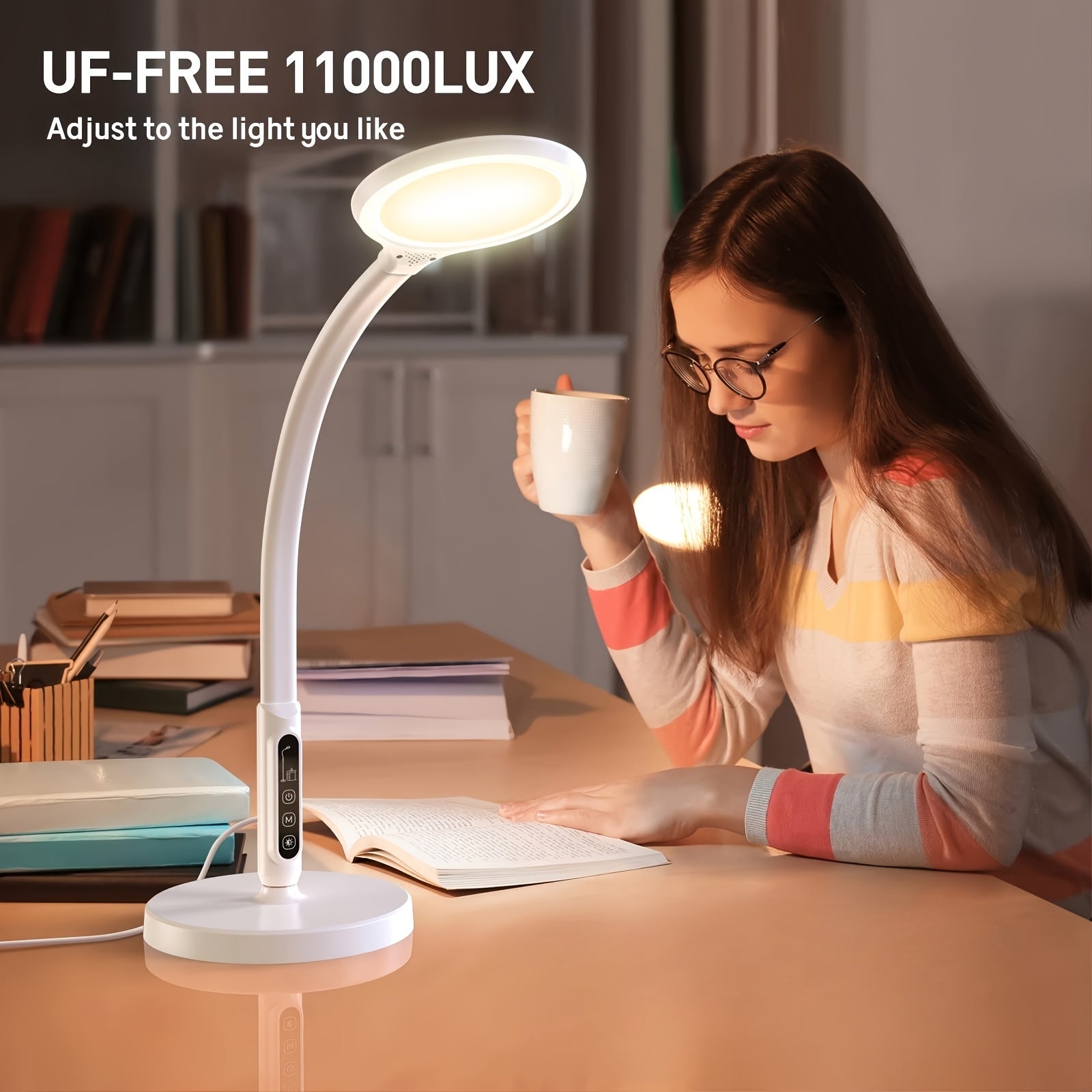 Full Spectrum Happy Sun Lamp, 11000 Lux, LED UV-Free Sunlight Lamp, 10 Adjustable Brightness Levels, 2-in-1 Retractable Happy Sun Lamp
