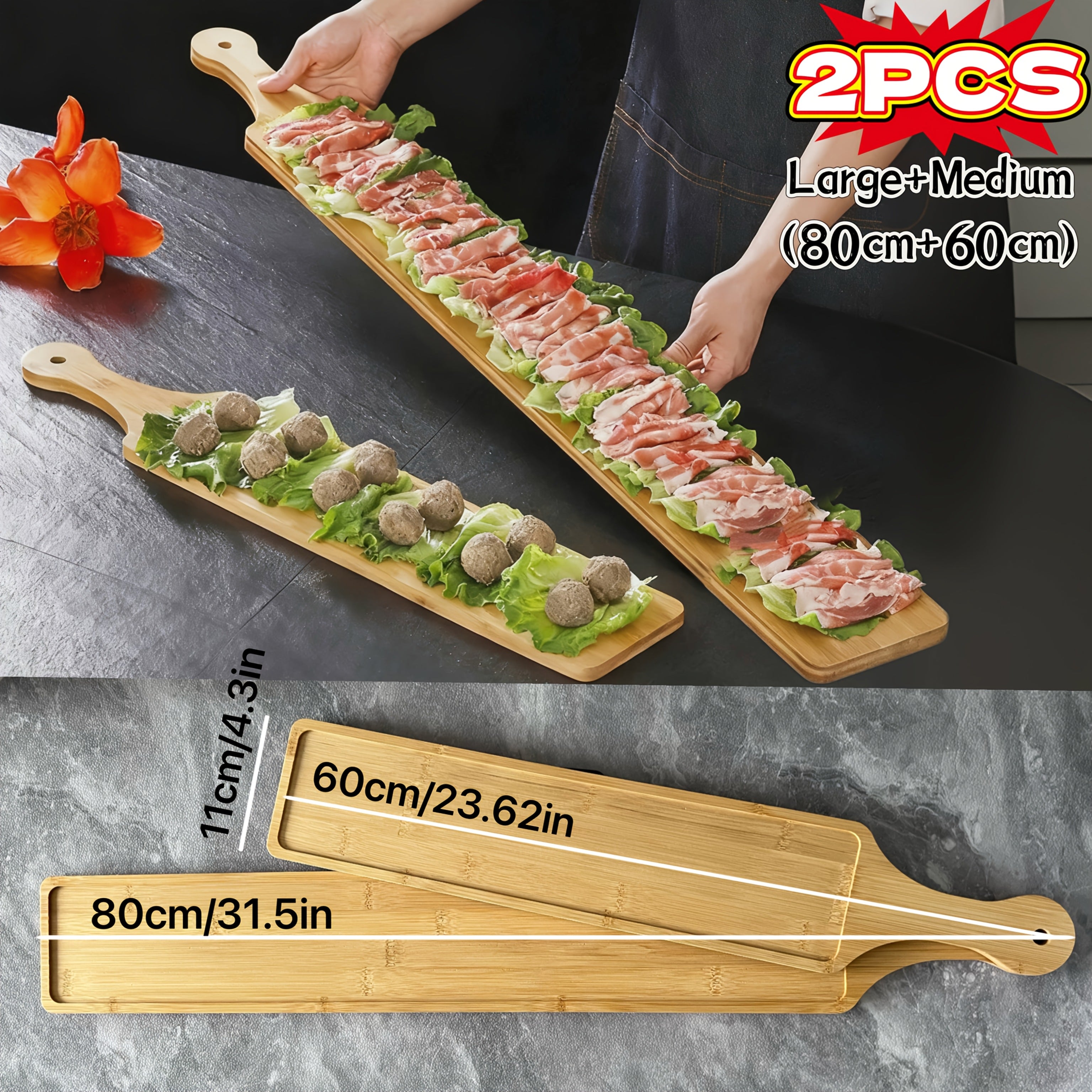 1PC/2PCS Bamboo Rectangular Tray, Up to 31.4in / 80cm – Perfect for Hot Pot, Steak, Appetizers – Durable Kitchen & Restaurant Serveware – Natural Bamboo Display Board, 3 Sizes Available for Multiple Scenarios