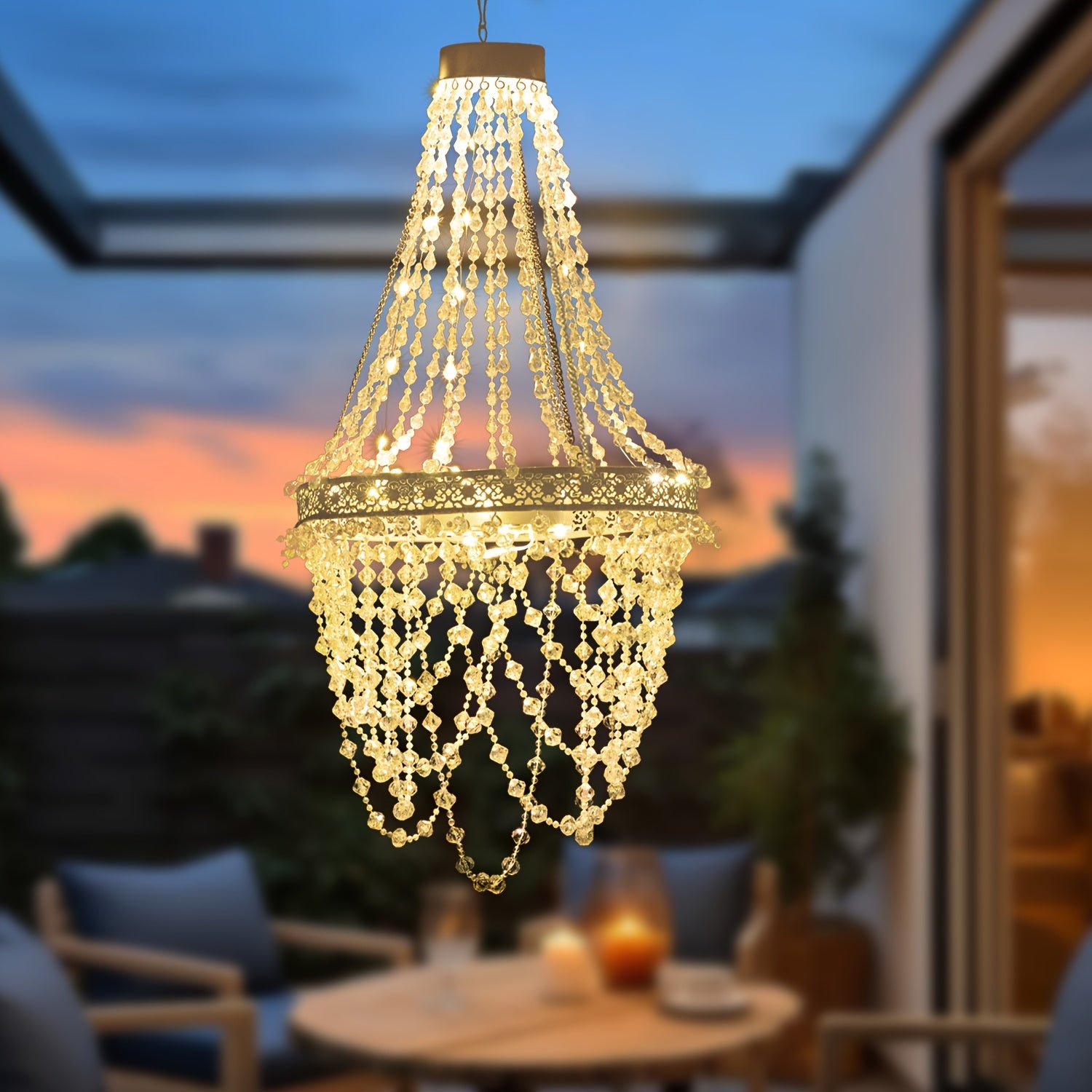 Solar Hanging Crystal Chandelier | Outdoor Garden Decorative Light, Equipped with 54 Warm White LEDs, Waterproof, Lithium Battery Powered, Suitable for Garden, Courtyard, Patio, Gazebo, Party, Wedding