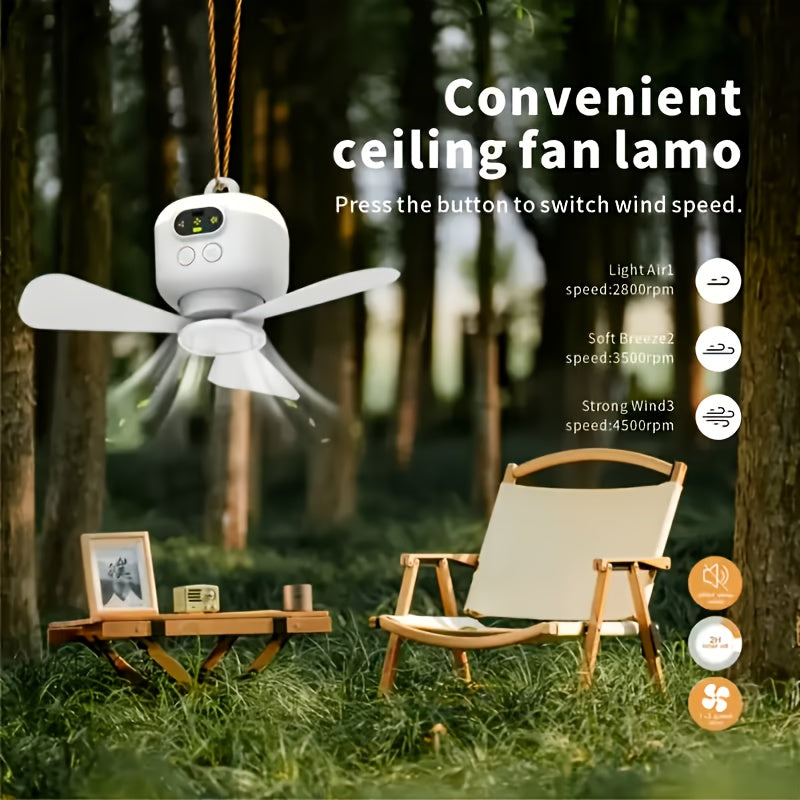 Portable Tent Fan for Camping, Multifunctional Ceiling Fan, 8000mAh Battery Powered, Quiet Ceiling Fan with Dimmable LED Light, Small Lamp & Fan Combo, Easy Installation, Rechargeable Tent Fan for Bathroom