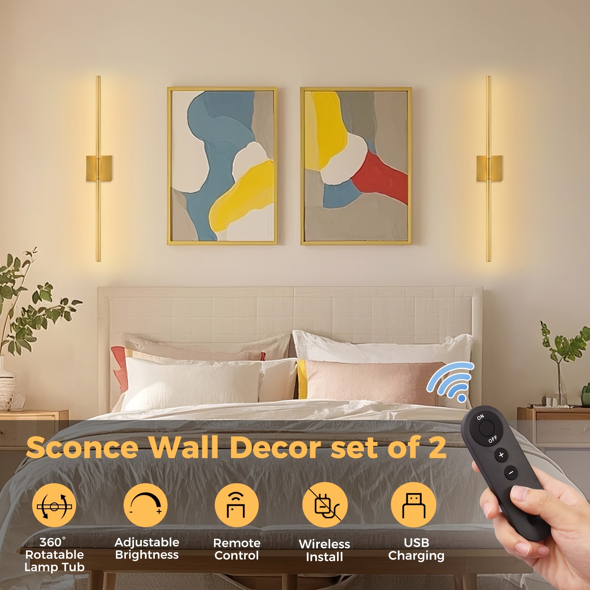 2-Pack Remote Control Linear LED Wall Light, 28-Inch Long Strip Stepless Dimming Wall Light All Gold Wall Light, for Stairs, Bedroom, Living Room Background Decoration, Metal Lamp Warm White Light, Rechargeable