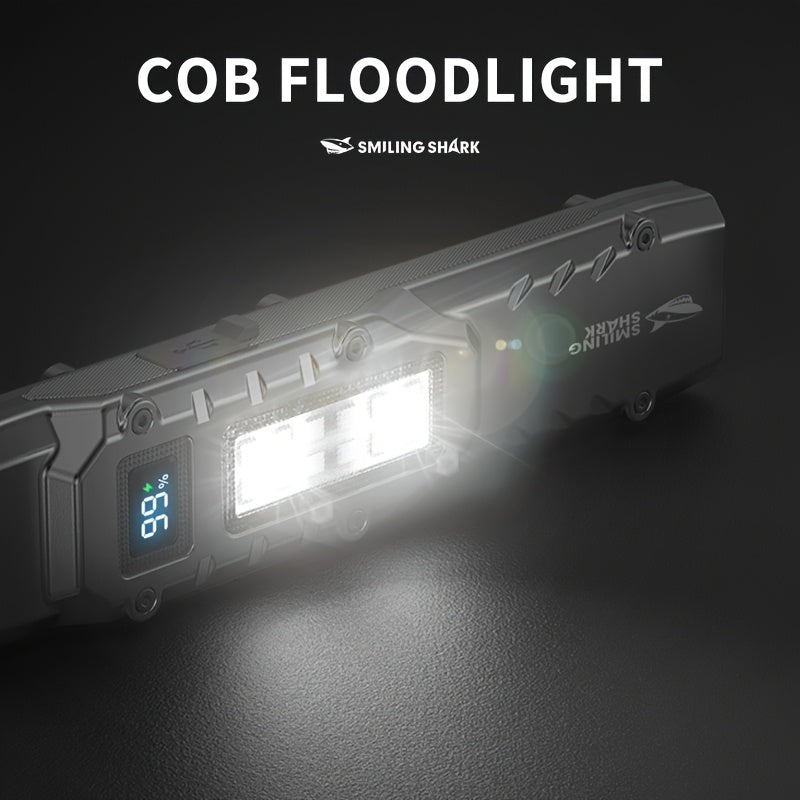 SMILING SHARK SD5308 LED Flashlight with 9 Different Modes, Type-C Rechargeable, Built-in High-Brightness COB Floodlight. It Features a Tail Switch for Easy Carrying, Digital Battery Level Display, and a Pocket Clip.