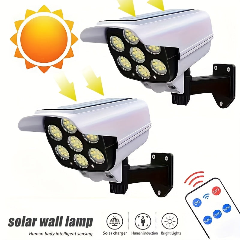 A Solar-Powered Motion Sensor Light with Remote Control And Adjustable Brightness, Featuring 77 LED Floodlights, Human Detection Lighting, And a Simulated Camera for Outdoor Porch And Garden Security Lighting, Energy-Efficient And Easy to Install