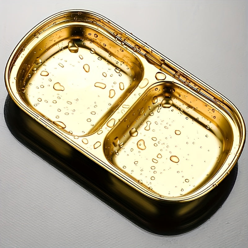 1Pc Golden Compartment Stainless Steel Sauce Plate, Dinner Plate, Salt Vinegar Sugar Seasoning Dipping Bowl