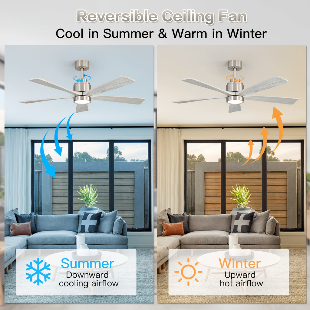 Sofucor 52 Inch Solid Wood Ceiling Fan with Remote & Light, 5/10/24" Downrods, 18W Memory LED Light, Reversible DC Motor, 1/4/8H Timer, 5 Wood Blades, Silent for Home Kitchen Living Room Bedroom