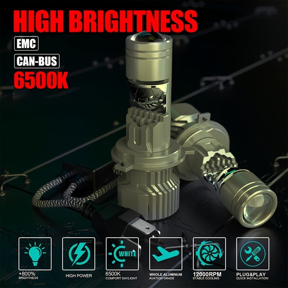 2-Pack H4 LED Bulbs, Car LED Headlights, 57860 Lumens, 6500K 360° Beam Angle, 6-Lens Spotlights with 3570 Chips, No Battery Needed, Easy to Install - B0070