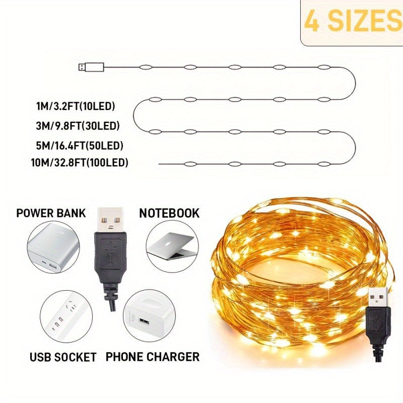 USB铜线灯串，100/50/30/10LED，仙女灯串，用于婚礼、派对、返校、卧室、春季装饰、生日装饰，是圣诞节、情人节、感恩节的最佳选择，室内灯串