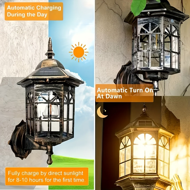 2PCS Vintage Solar Outdoor Wall Light Waterproof Courtyard Decorative LED Tungsten Alloy Wall Light, Suitable for Garden, Courtyard and Porch, Tungsten Filament Light, Outdoor Garden, Street Floor Decoration, Solar Garden No Wiring Required