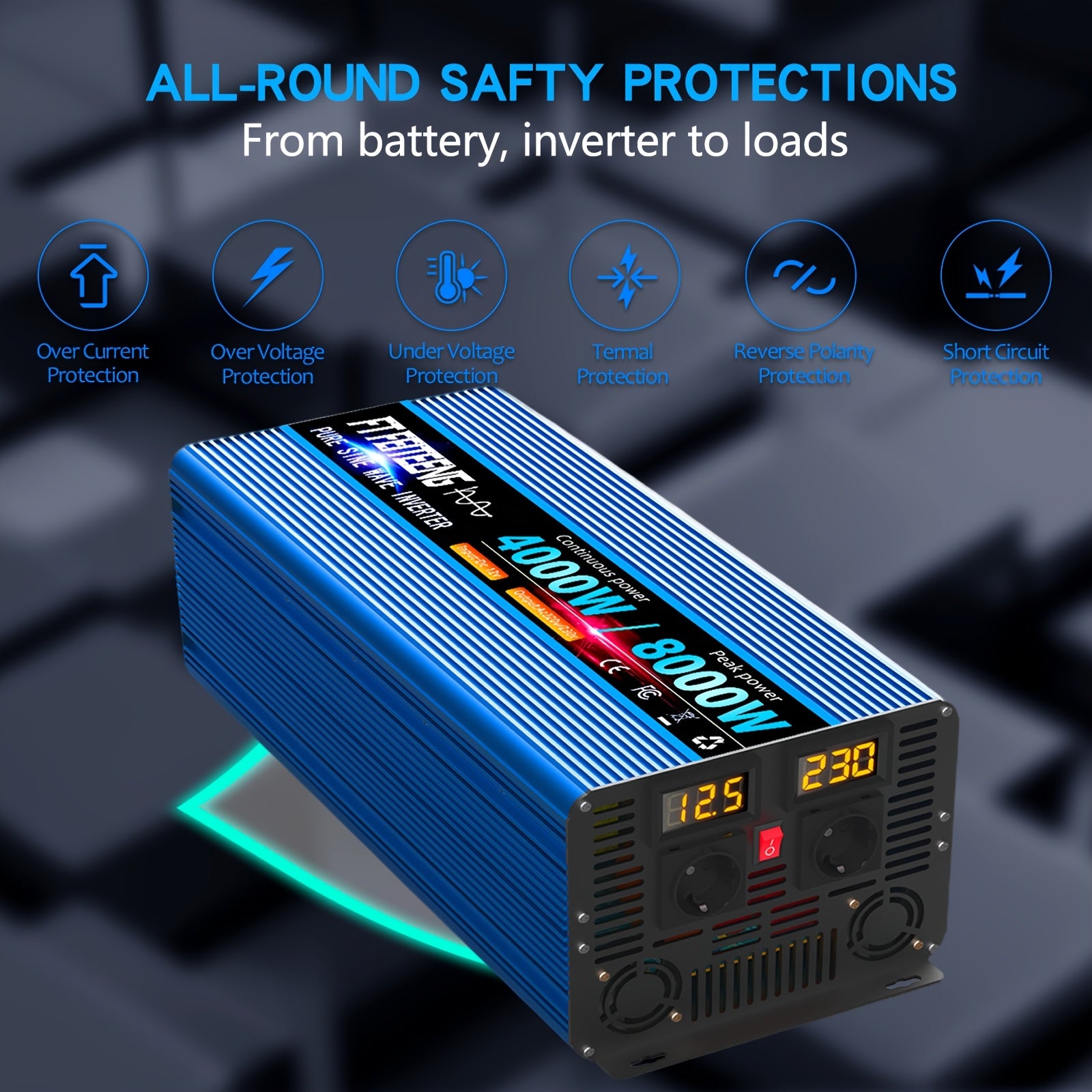8000W峰值4000W持续高功率纯正弦波车载电源逆变器， 12V 转 AC 220V230V，高功率工业逆变器，适用于房车、户外露营、空调，带过载保护，无电池，适合手机、笔记本电脑及其他设备