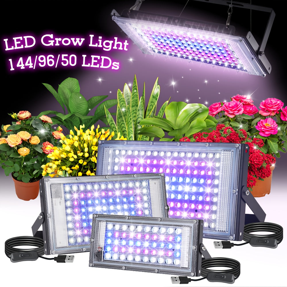50/96/144 LED 1/2/3 Sets Grow Light, Full Spectrum LED Plant Light for Indoor Plants, Seed Germination & Seedlings, USB Powered with Switch, Hanging Rope Included, Ideal for Vegetables, Succulents, Flowers, Fruits