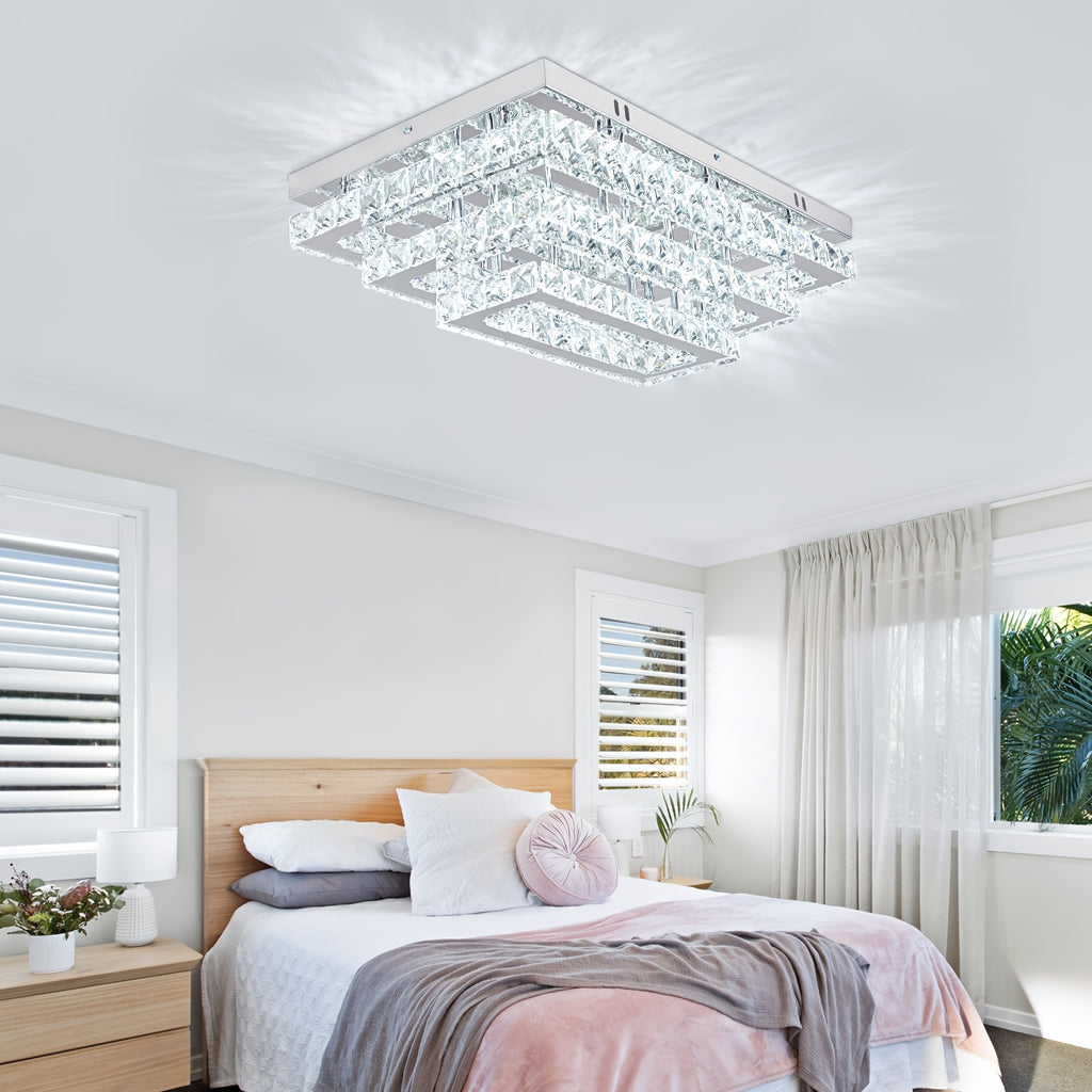 Modern Crystal LED Ceiling Light 20-Inch Rectangular Recessed Pendant Light Stainless Steel 3-Layer Ceiling Light Suitable for Living Room and Dining Room (6500K Cool White Light)