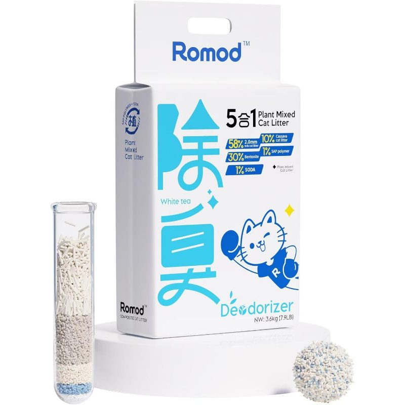 5合1豆腐猫砂，由芋头、硅藻土、烘焙 soda、SAP 和天然植物混合制成。聚集迅速，有效吸收异味，无残留，防尘，可冲洗，重 7.9 磅