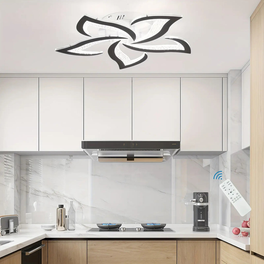 Modern Black LED Ceiling Light with Remote Control - Dimmable Flower Shape Design, Adjustable Brightness and Color Temperature (3000K-6500K), Polished Metal Finish, Semi-Flush / Hardwired Installation, Infrared Sensor and Switch