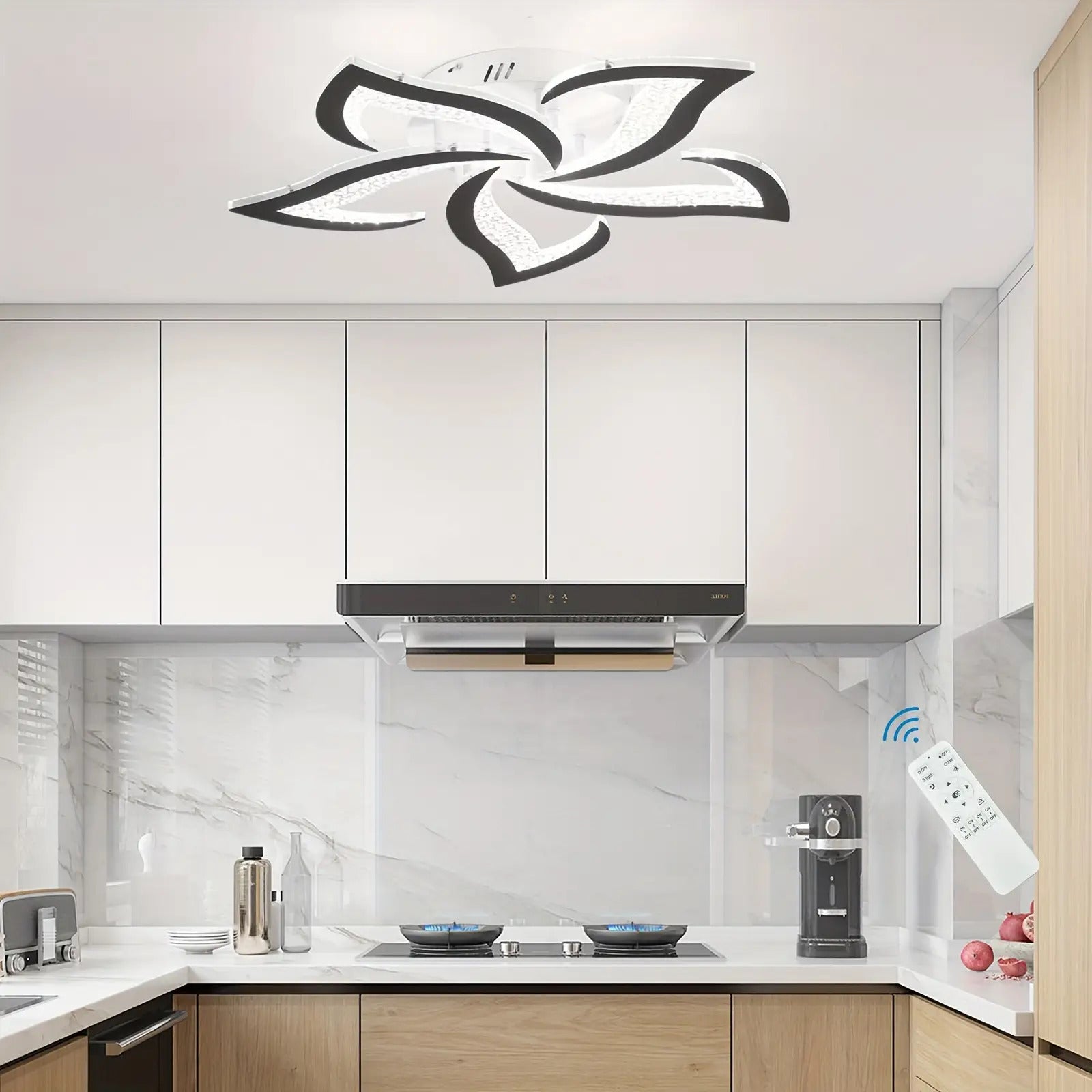 Modern Black LED Ceiling Light with Remote Control - Dimmable Flower Shape Design, Adjustable Brightness and Color Temperature (3000K-6500K), Polished Metal Finish, Semi-Flush / Hardwired Installation, Infrared Sensor and Switch