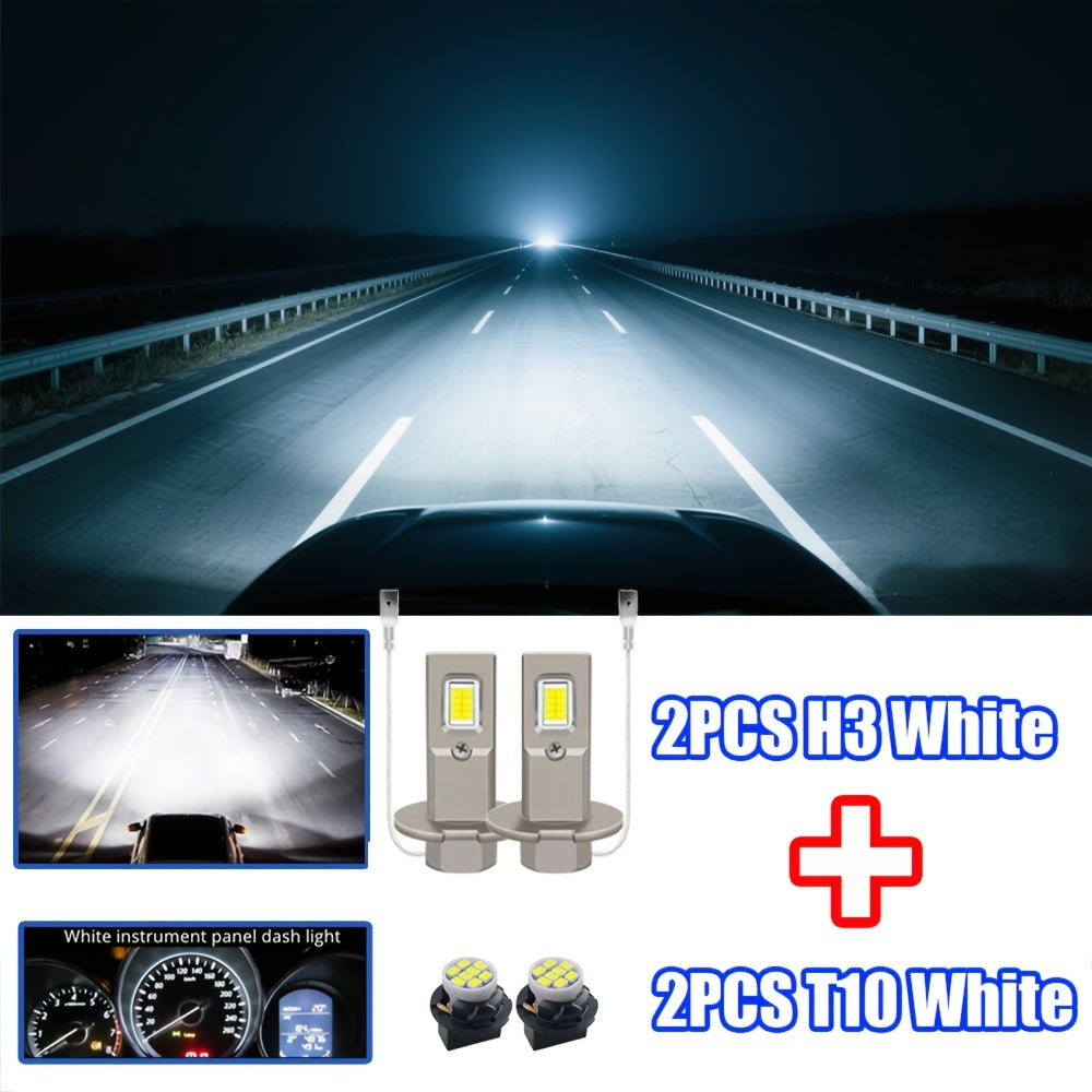 2Pcs H1/H3 + 2Pcs T10 LED Headlight Bulb Upgrade Kit, 20000 Lumens 6500K Color Temperature 500W High/Low Beam, CSP Chip, Fanless Mini Turbo Cooling, Universal with Canbus Decoder, Easy Installation