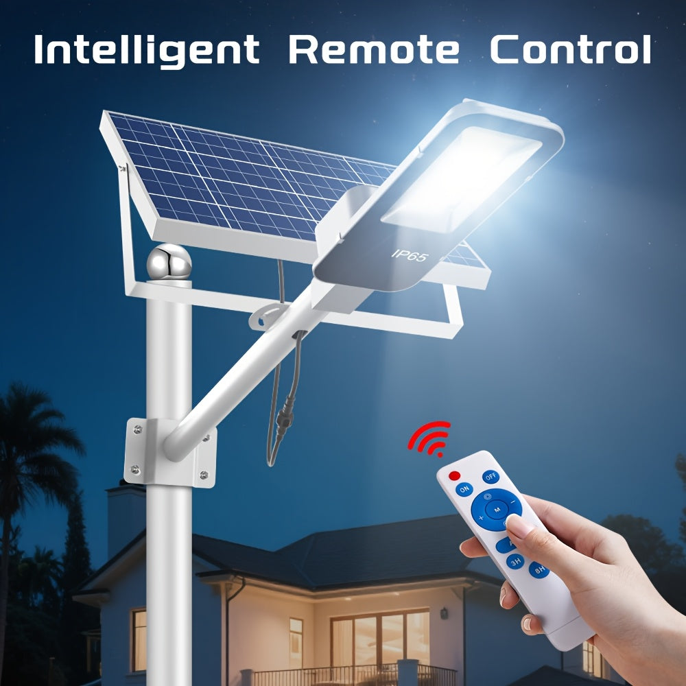 2 Pack Powerful Solar Street Light, IP65 Outdoor Light, 6500K Security Floodlight, Dusk to Dawn, with Remote Control, 6000mAh Large Capacity, High Brightness 375 LEDs, Perfect for Streets, Pathways, Courtyards, Gardens, Garages, Parking Lots