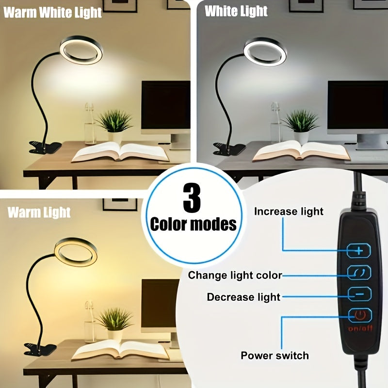 48 LED beads, diamond painting magnifying desk lamp with clip, 50cm adjustable gooseneck fill light, 3 color temperatures (cool white/neutral/warm yellow), 5-7W USB-powered craft light, 2-meter long cord, push-button switch, 9cm large lens