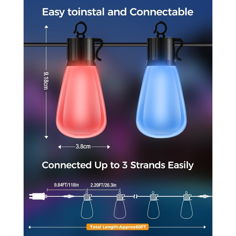 60/120 英尺变色户外串灯 - 可调光 LED RGB 庭院灯，含防摔爱迪生灯泡，适用于庭院、凉亭、派对、婚礼、节日场景