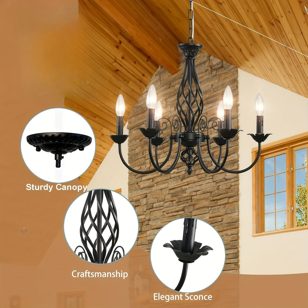 Farmhouse Candle Chandelier Ceiling Light, Rustic Industrial Pendant Ceiling Fixture, Vintage Chandelier for Bedroom, Hallway, Kitchen, Dining Room, Bar, Foyer, Matte Black E14 Bulb Base (Bulb Not Included)
