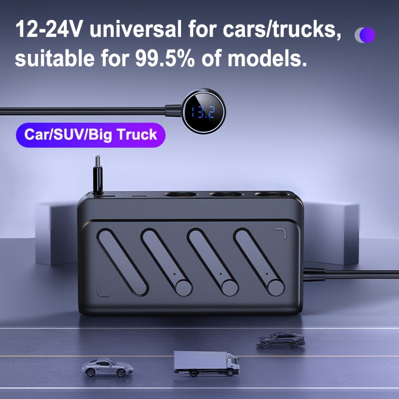 6-in-1 Retractable  Charger with 39.37-inch Retractable Cable, Multi-Function  Charger, 12V/24V, Type-C and QC3.0, USB PD Charging Ports, Independent Switch, LED Voltage Display