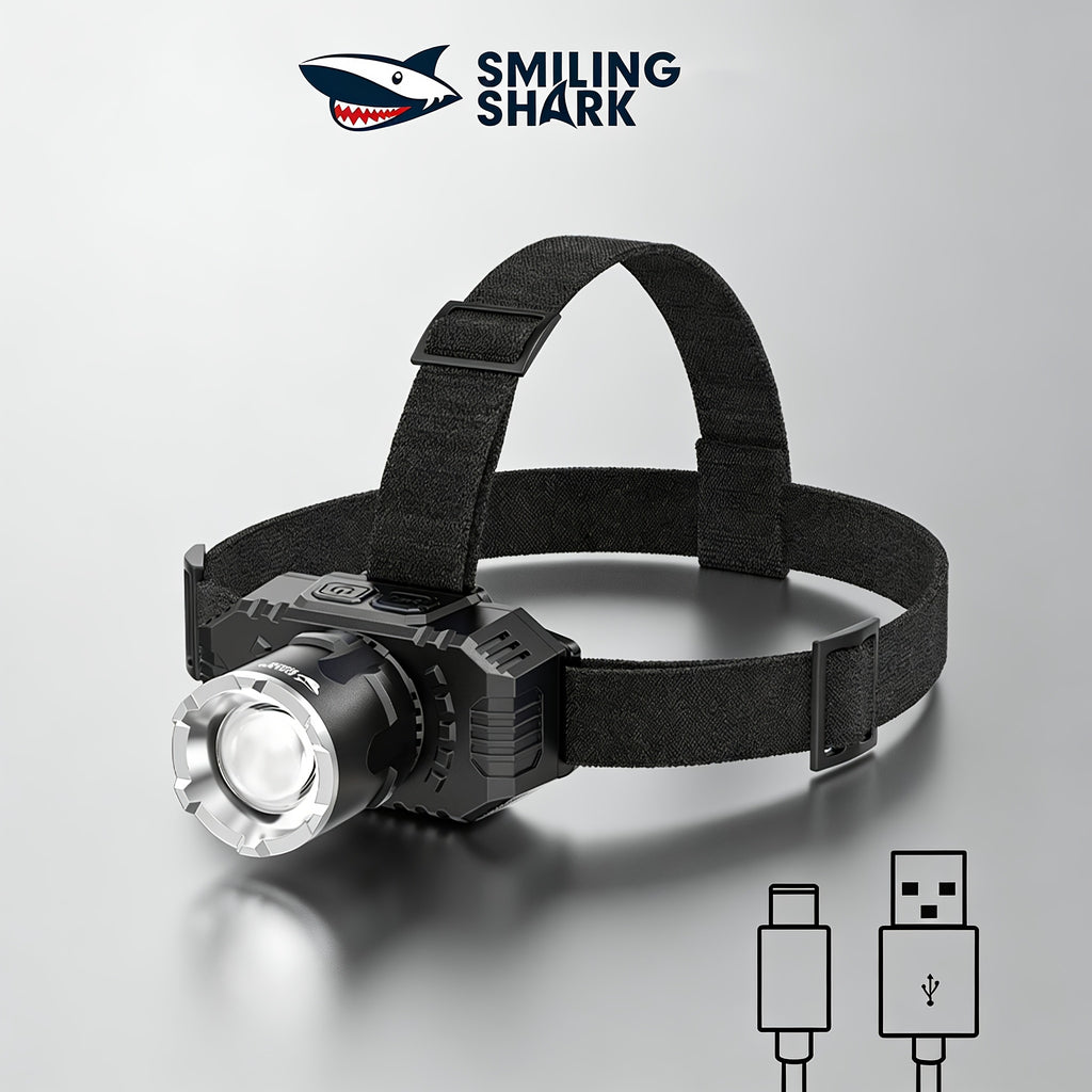 SMILING SHARK Rechargeable Headlamp, Super Bright XHP50 LED Core, USB Charging Cable Included, Zoomable Focus Adjustable, Hands-Free Design with Detachable Headband