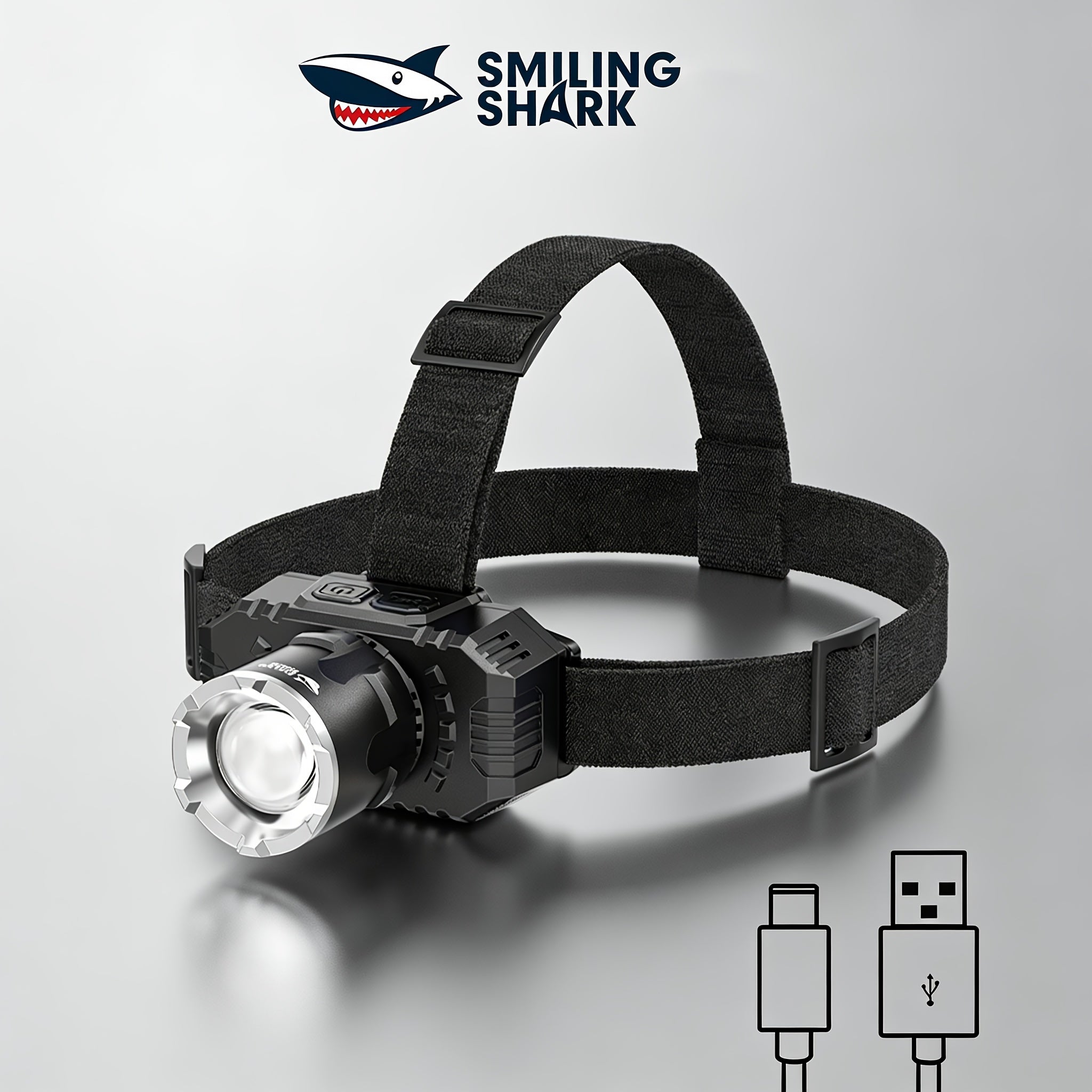 SMILING SHARK Rechargeable Headlamp, Super Bright XHP50 LED Core, USB Charging Cable Included, Zoomable Focus Adjustable, Hands-Free Design with Detachable Headband