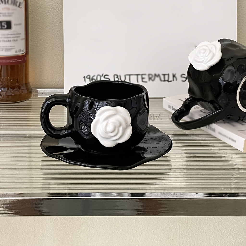 1pc Original Design Ceramic Camellia Flower Cup & Saucer, Floral Irregular Mug, Perfect for Restaurant Breakfast Cup, Afternoon Tea Coffee Cup, Gift Souvenir Drinking Cup