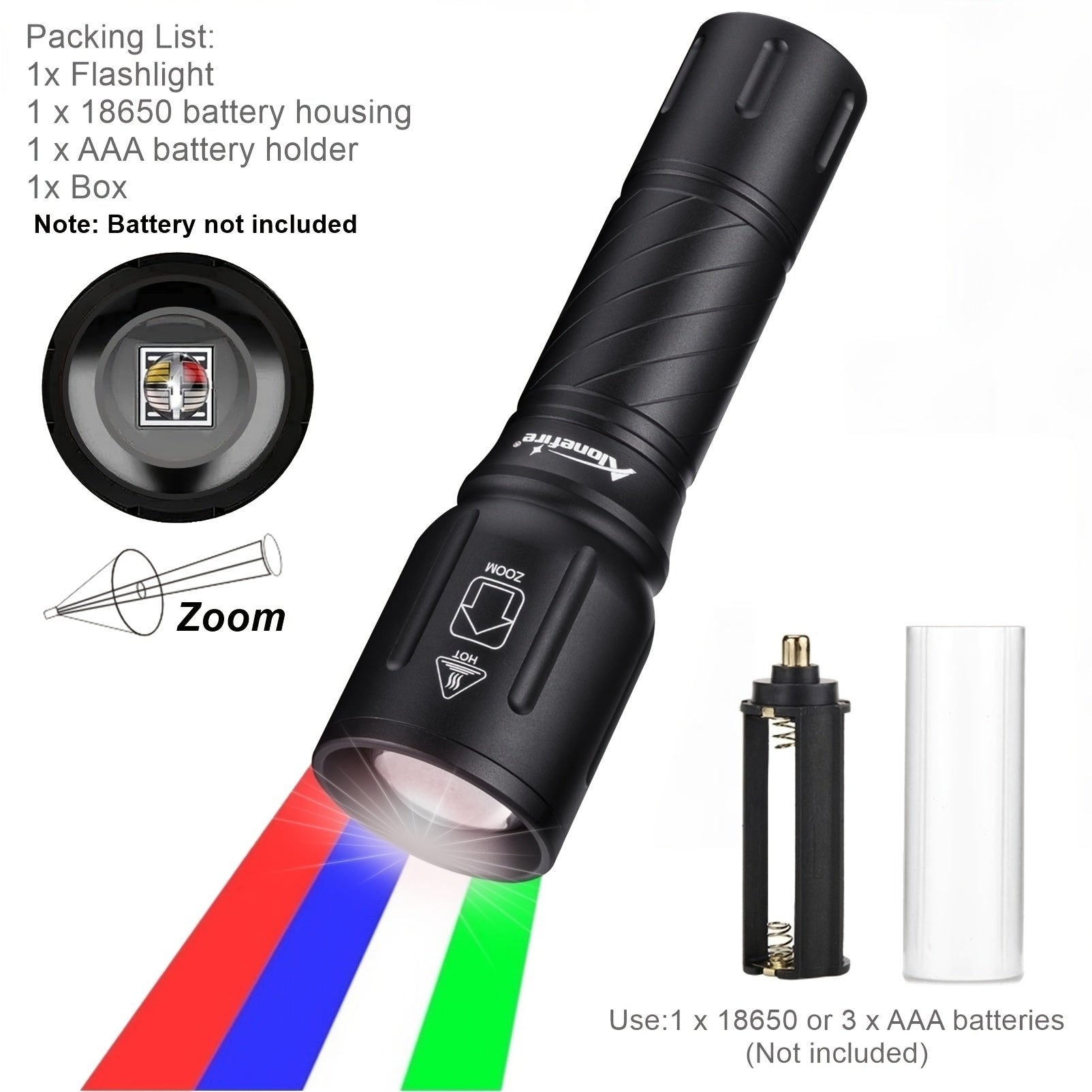 Alonefire X97 4-in-1 RGB LED Multi-Color Flashlight White/Blue/Green/Red Light Zoom Flashlight High Power Outdoor Hunting Photography Selfie Fill Light Portable Fishing Hiking Camping Light