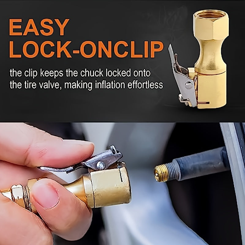 1pc Heavy Duty Locking Tire Inflator Chuck – Brass Construction with Quick-Connect Clip, Golden Finish & American NPT Thread, for Fast Airflow