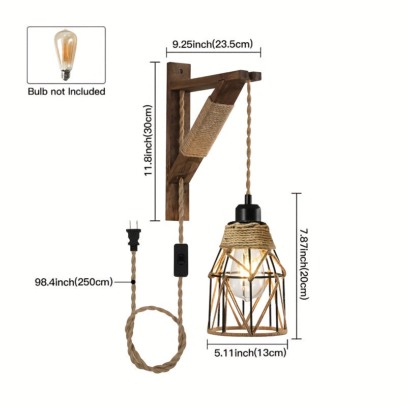Two-Piece or One-Piece Plug-In Wall Light Without Wiring - Farmhouse Style Metal Cage and Wood Bracket Bedside Lamp, Suitable for Bedroom Headboard (Easy-to-Install Barn Light Decor) (Bulb Not Included)