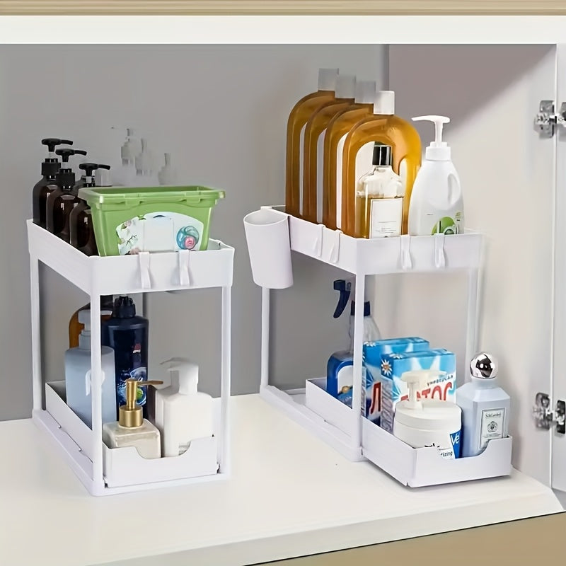Multi-functional Pull-out Under Sink Organizer and Storage, Suitable for Bathroom & Kitchen, 2-Tier Sliding Cabinet Basket, Bathroom Cabinet Storage Box with Hooks, Storage Cup, Home Kitchen Accessories