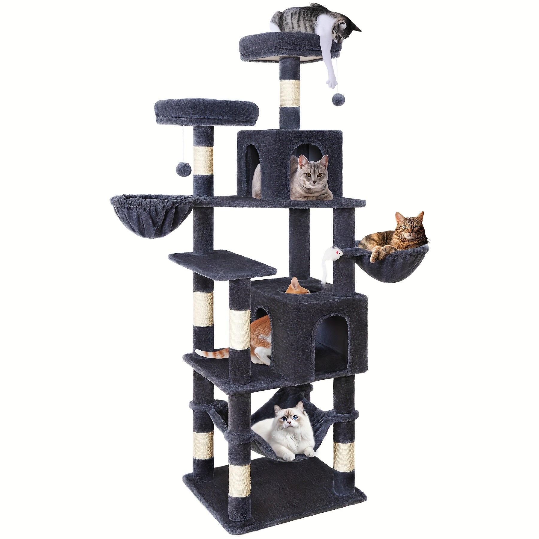 AMHANCIBLE 71/84 英寸猫树，适用于大型猫咪的猫树塔，带猫抓柱、栖息处、猫屋、悬挂玩具、猫树塔，弹簧