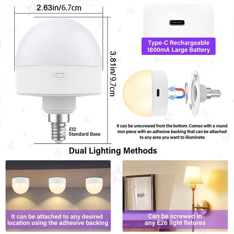 1/2-pack rechargeable light, under-cabinet light, wall light, decorative light, magnetic ambiance light, smart bulb with remote timer and 15 color temperatures, detachable base, working voltage 5V, USB fast charging, suitable for bedroom
