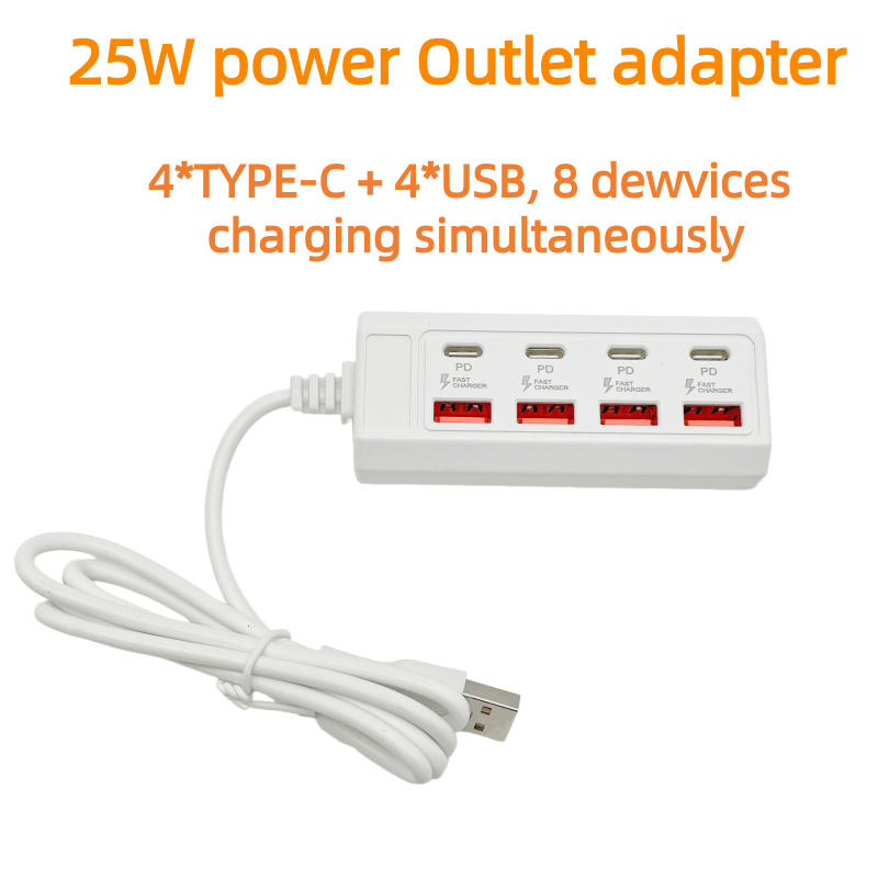 1 25W USB Charger, 8-Port Fast Charging Adapter, 4 Type-C + 4 USB Multi-Port Charger, USB Converter Socket Expansion Dock, Portable Charging Station, Power Adapter