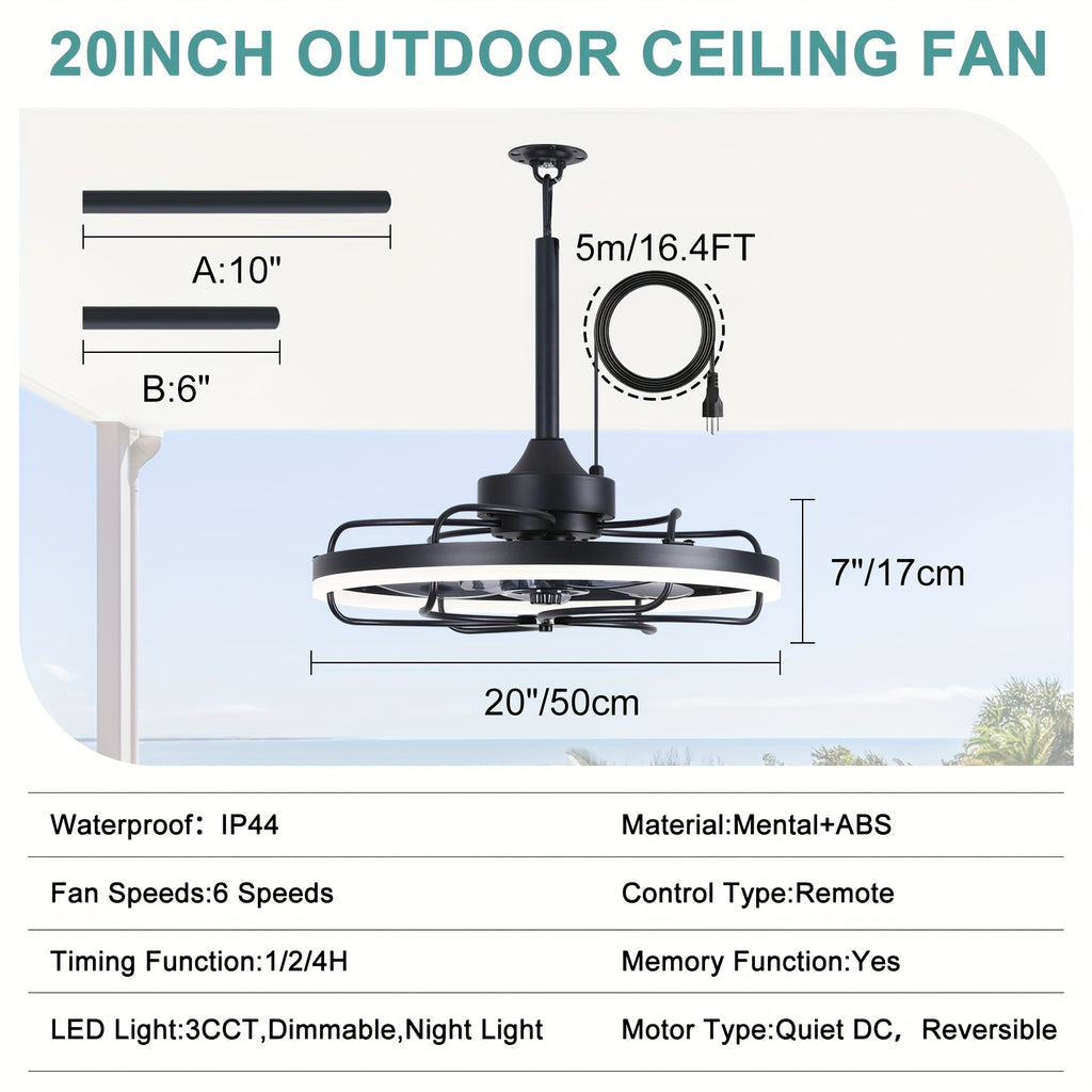 20 Inch Outdoor Ceiling Fan with Light, Waterproof Gazebo Fan with Lighting, Hanging Outdoor Fan with Remote & Protective Cover, 6 Speed Adjustable Black Fan for Patio, Pergola, Porch, Canopy