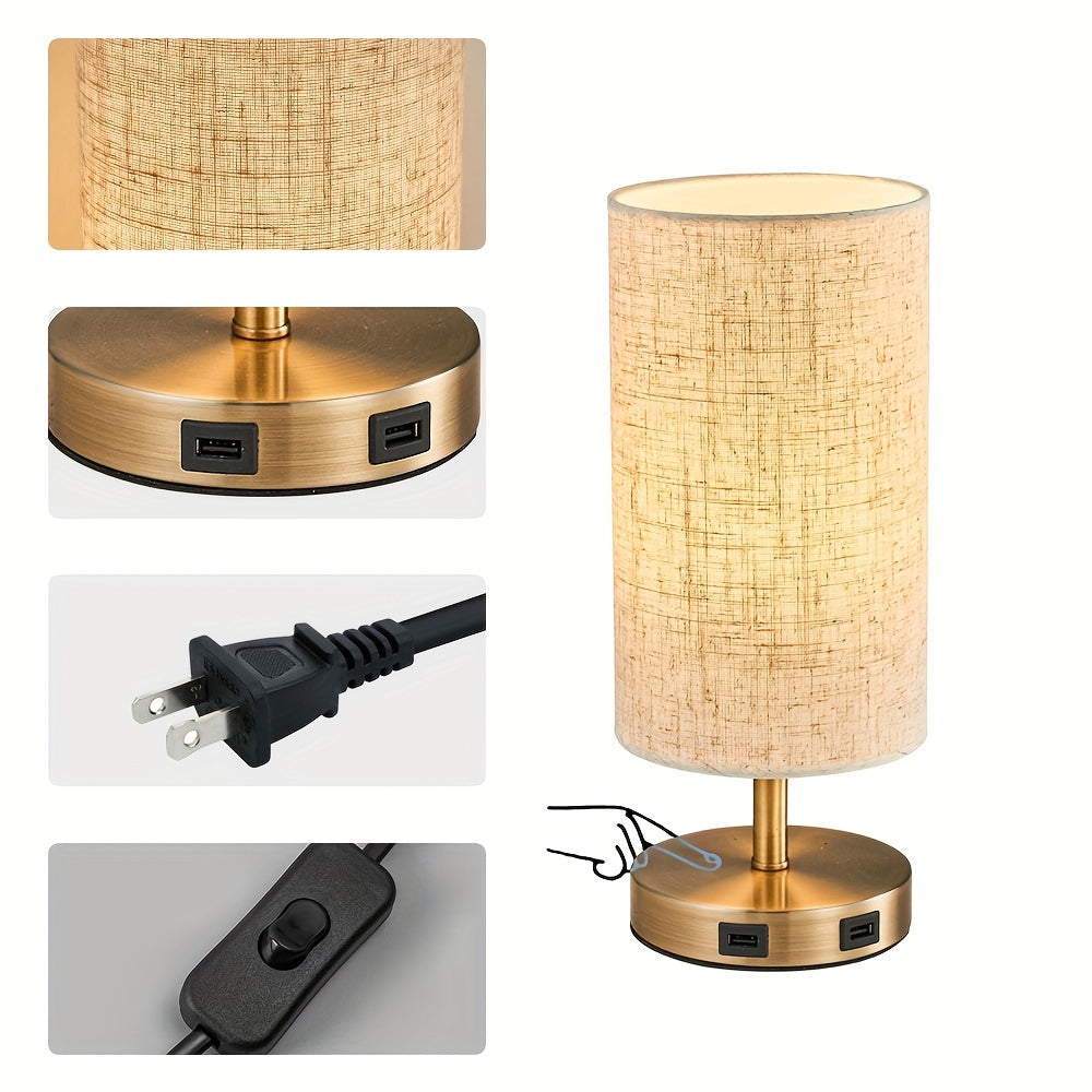 Antique bronze gold round linen table lamp, US plug, bulb included, touch three-step dimming, with in-line switch, with USB charging port, bedroom bedside lamp, office desk lamp, study desk lamp