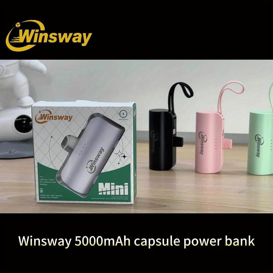 文思迷你膠囊便攜支架充電寶 5000毫安內建USB-C資料線雙口可同時為兩臺裝置充電，相容多數電子裝置，節日贈禮優選，精緻小巧饋贈佳品
