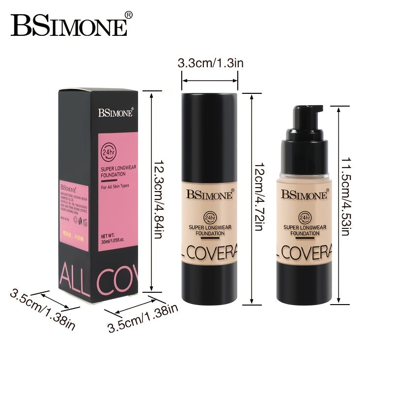 BSIMONE 1pc 24h长效持妆粉底粉底液，专业底妆，防汗不脱妆，遮瑕能力强，易上妆，隐形毛孔不厚重，适合干皮油皮敏感肌，舞台妆，聚会，派对，音乐节，狂欢节，圣诞节