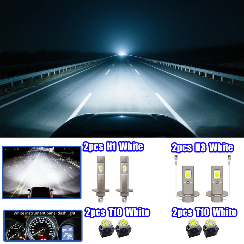 2Pcs H1/H3 + 2Pcs T10 LED Headlight Bulbs, High/Low Beam Dual Mode 20000 Lumens 6500K Super Bright Daylight White, 7585 CSP Technology, Fanless Mini Turbo Design, Universal CAN Bus Compatible, Plug-and-Play, Anti-Glare
