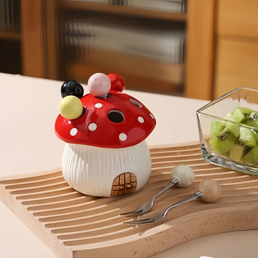 1 Set of 7 Pieces – 6 Forks & 1 Base, Ceramic Mushroom-Shaped Dessert Fruit Cake Fork Set, with 304 Stainless Steel Forks – Suitable for Fruit & Dessert, Party & Gathering Home Décor, Christmas Gift Party Decoration