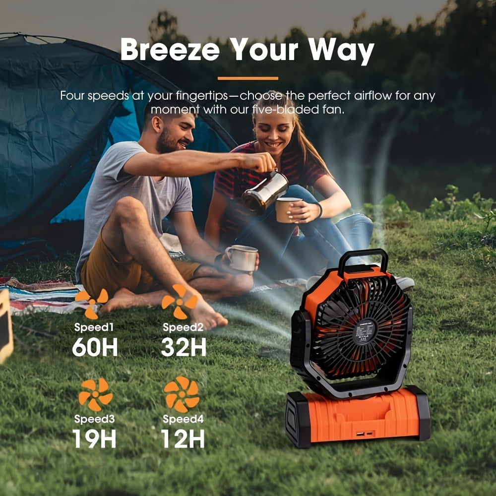 3-in-1 Rechargeable Fan with Charging Lighting and Fan Function, Battery Powered Camping Fan, Portable LED Lantern Camping Fan, 4 Speed Rotatable Rechargeable Fan for Tent, BBQ and Travel Use