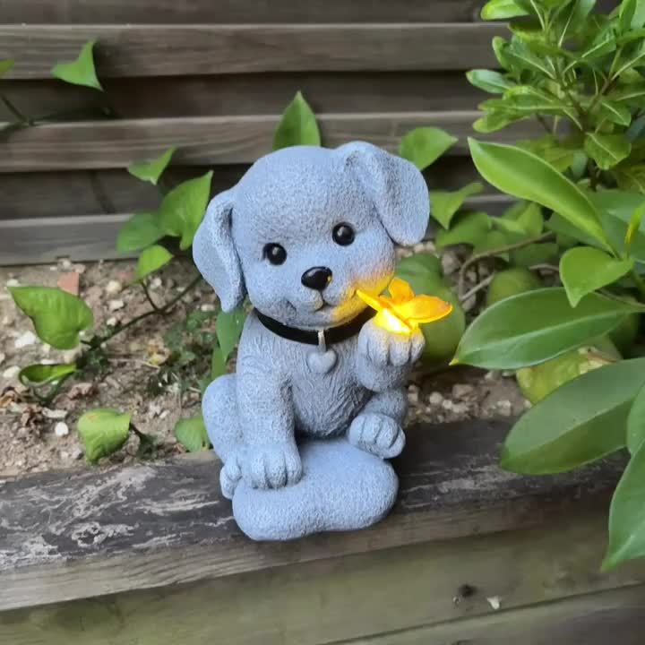 One Solar Puppy Holding Butterfly Garden Statue Light - Resin Outdoor Decoration, Perfect for Courtyard, Patio, Balcony or Porch, Solar Garden Decor