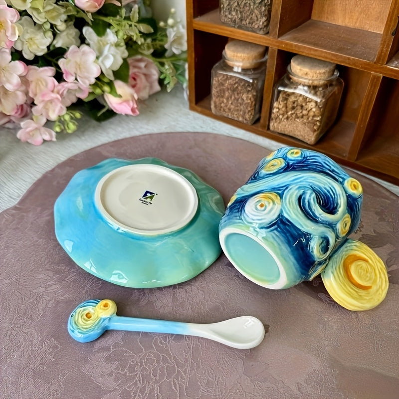 1 Set Ceramic Hand-Painted Van Gogh Classic Oil Painting Cup & Saucer Set, 1PC 3D Handmade Starry Sky, Almond Blossom, Sunflower, Iris Tea Cup & Coffee Cup, 1PC Round Saucer, 1PC Spoon, Exquisite Table Décor