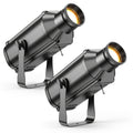 Compact stage light, featuring 150W warm/cool white COB technology, adjustable 3200K to 5600K, with zoom control and DMX512 compatibility. These 6-channel manual focus LED spotlights are perfect for performances and events.