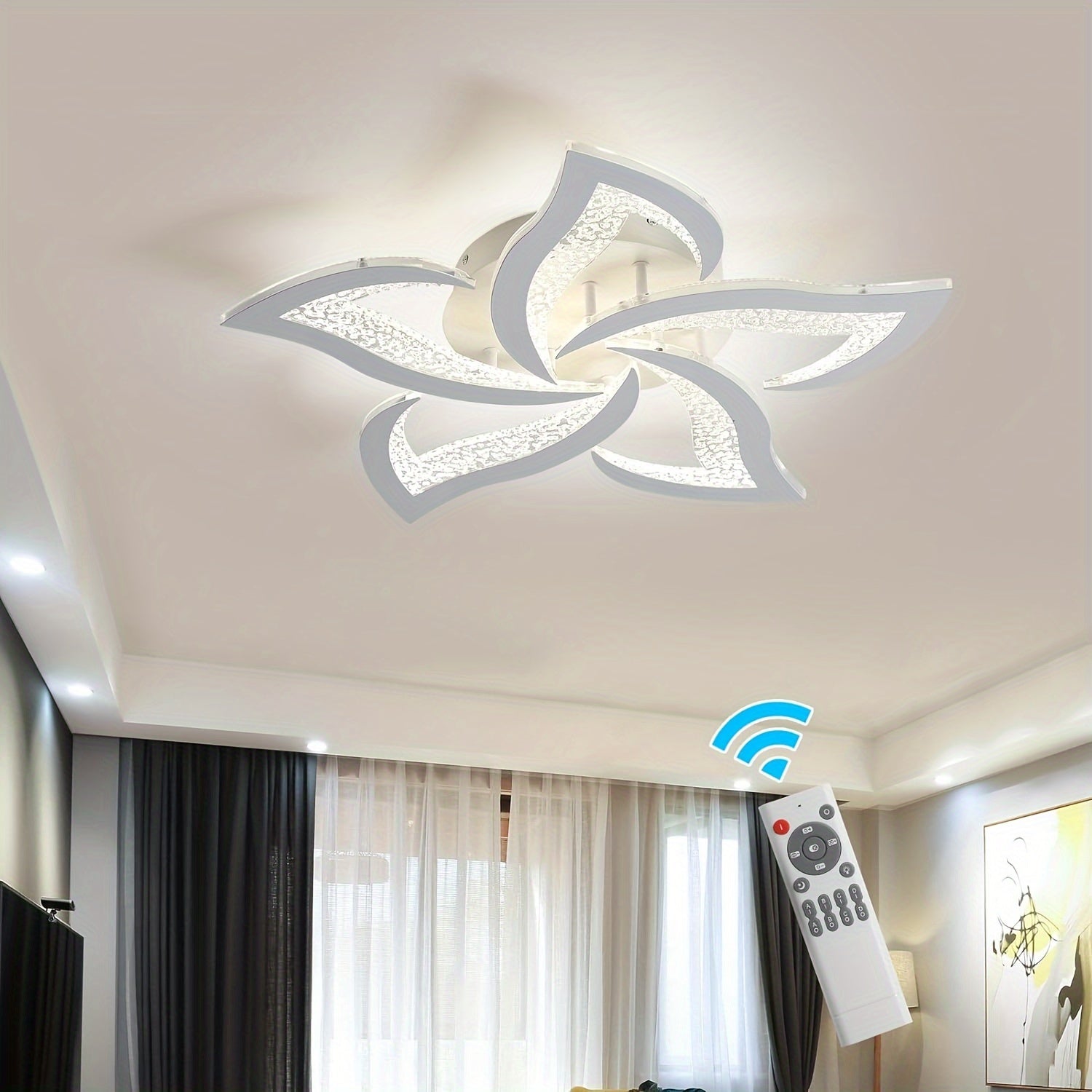 Modern Black LED Ceiling Light with Remote Control - Dimmable Flower Shape Design, Adjustable Brightness and Color Temperature (3000K-6500K), Polished Metal Finish, Semi-Flush / Hardwired Installation, Infrared Sensor and Switch