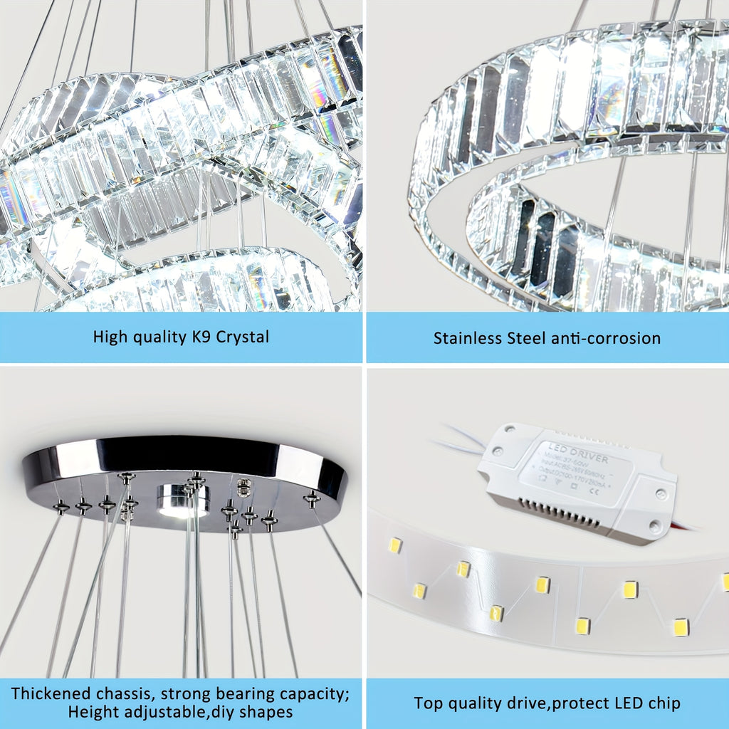 Modern LED pendant light, crystal chandelier, with 4 rings, suitable for dining room, bedroom and living room, diameter 7.9" to 19.7"