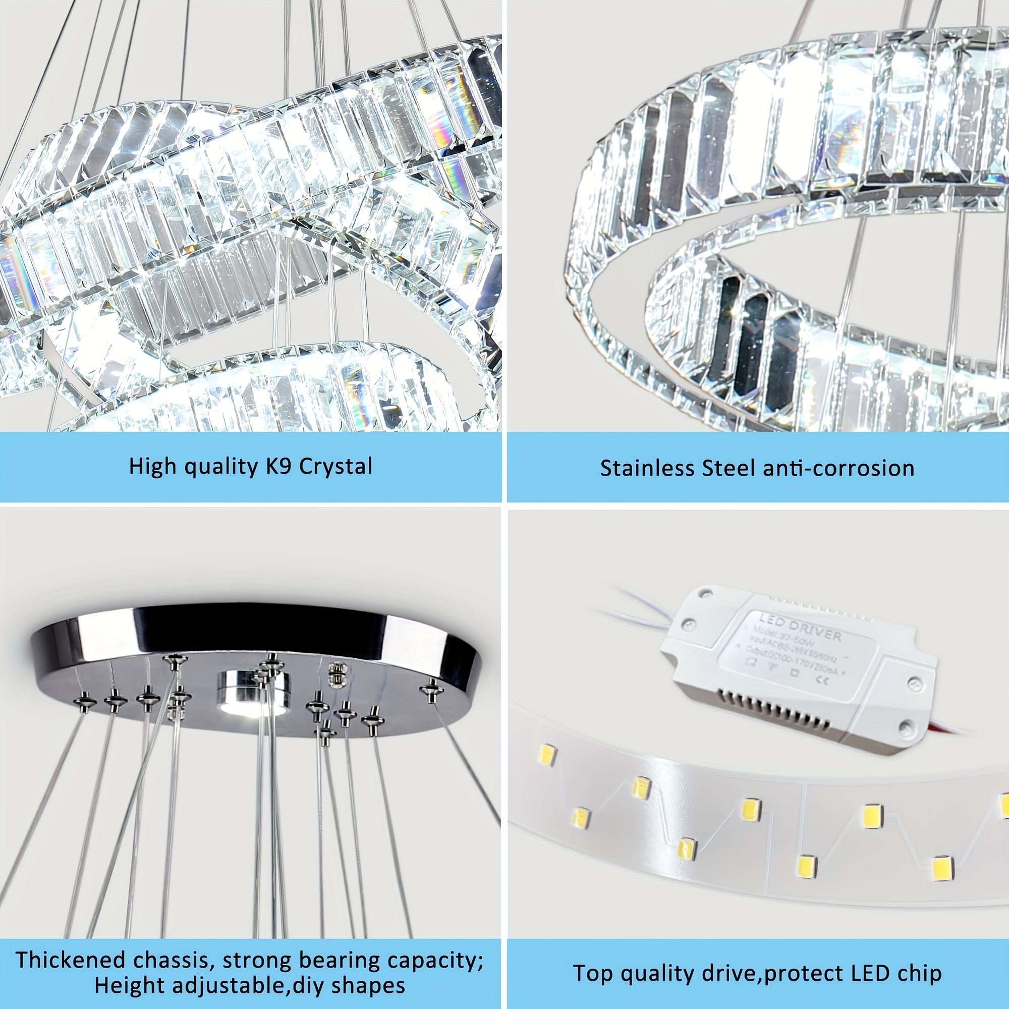 Modern LED pendant light, crystal chandelier, with 4 rings, suitable for dining room, bedroom and living room, diameter 7.9" to 19.7"