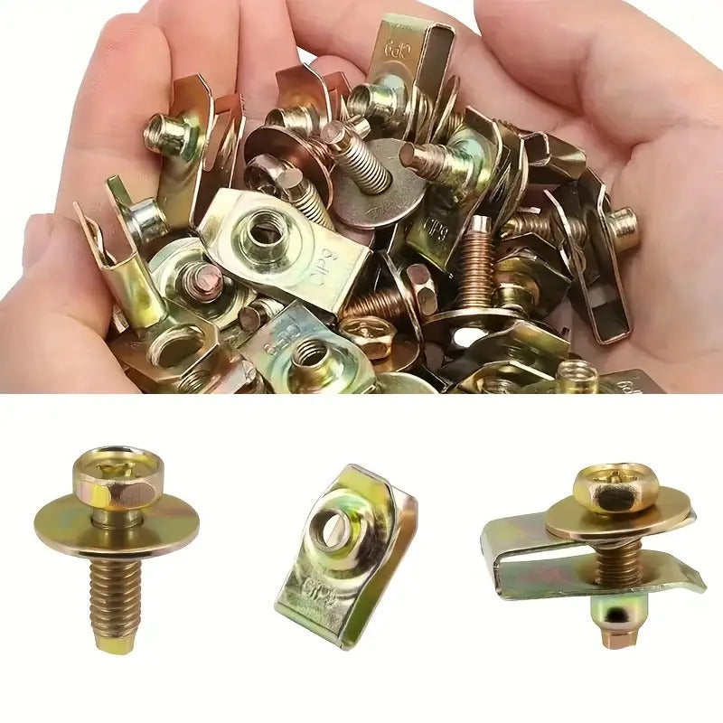 [50-Piece Gold Body Bolt Set] M6 Body Bolts & U-Type Press Nuts (25 Screws + 25 Clips) | Universal Fasteners for Hood, Bumper, Fender, Splash Shield | Rust-Proof Metal Fasteners & Rivet Screws