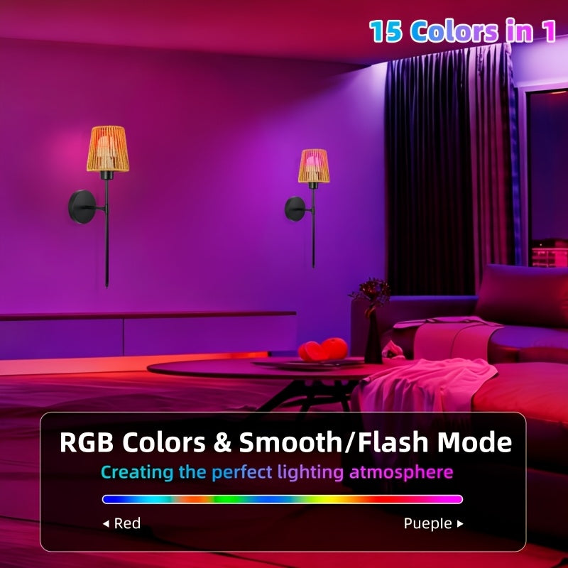2 Battery Operated Wall Lights, Rechargeable Dimmable 15-Color LED with Remote Control, Linen Shade, Modern Style, Suitable for Bathroom and Living Room, Semi-Flush Mount Installation