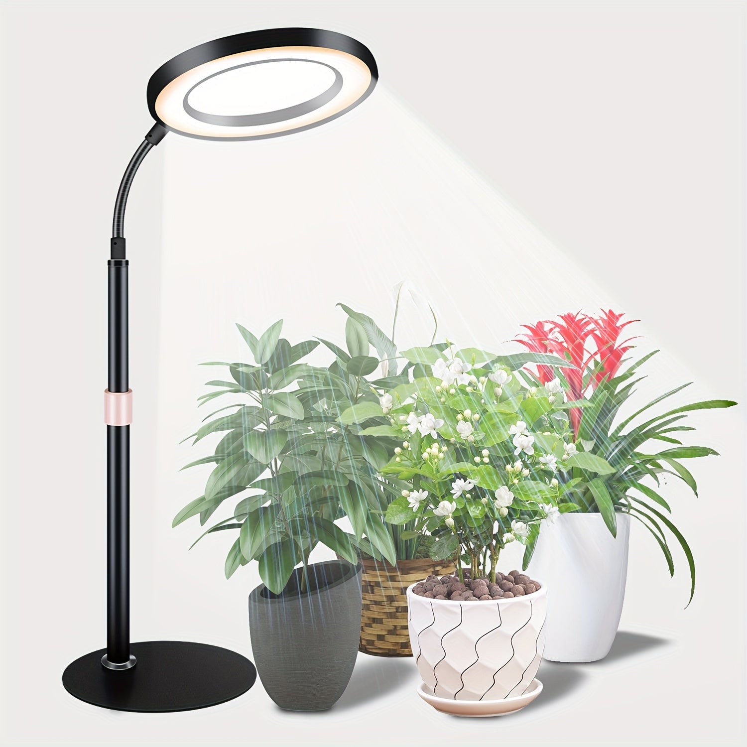 bseah indoor plant grow adjustable LED light - full spectrum ring light with automatic timer, 3/9/12 hour timer, 9 dimming levels, USB powered, flexible long neck tube suitable for large plants